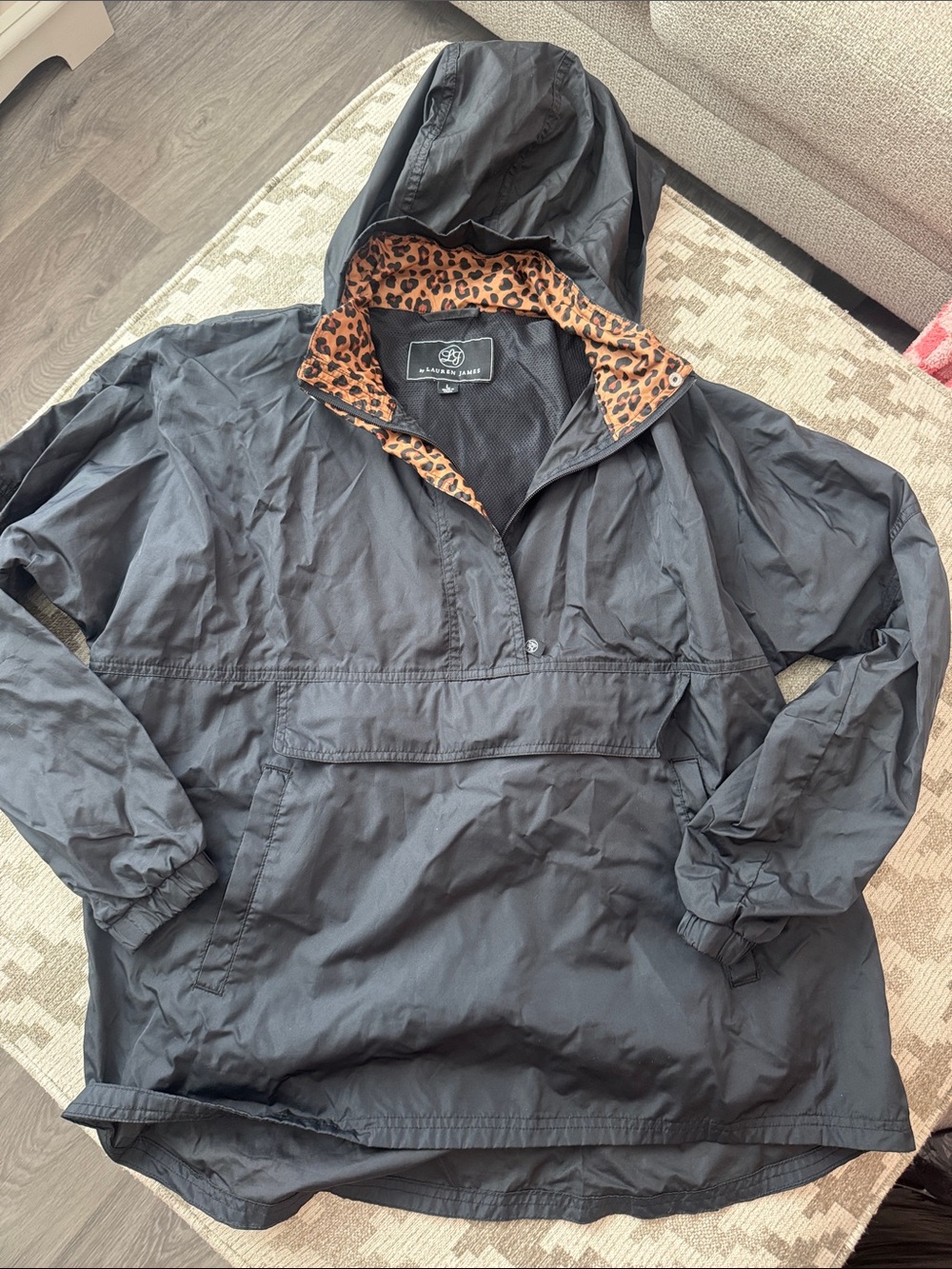 Black Pullover Windbreaker/Rain Jacket with Leopard Trim